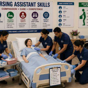 Students learning nursing assistant skills and patient care techniques