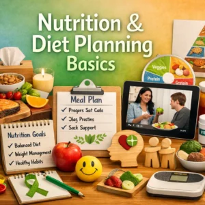 Educational course image for Nutrition & Diet Planning Basics with healthy food visuals