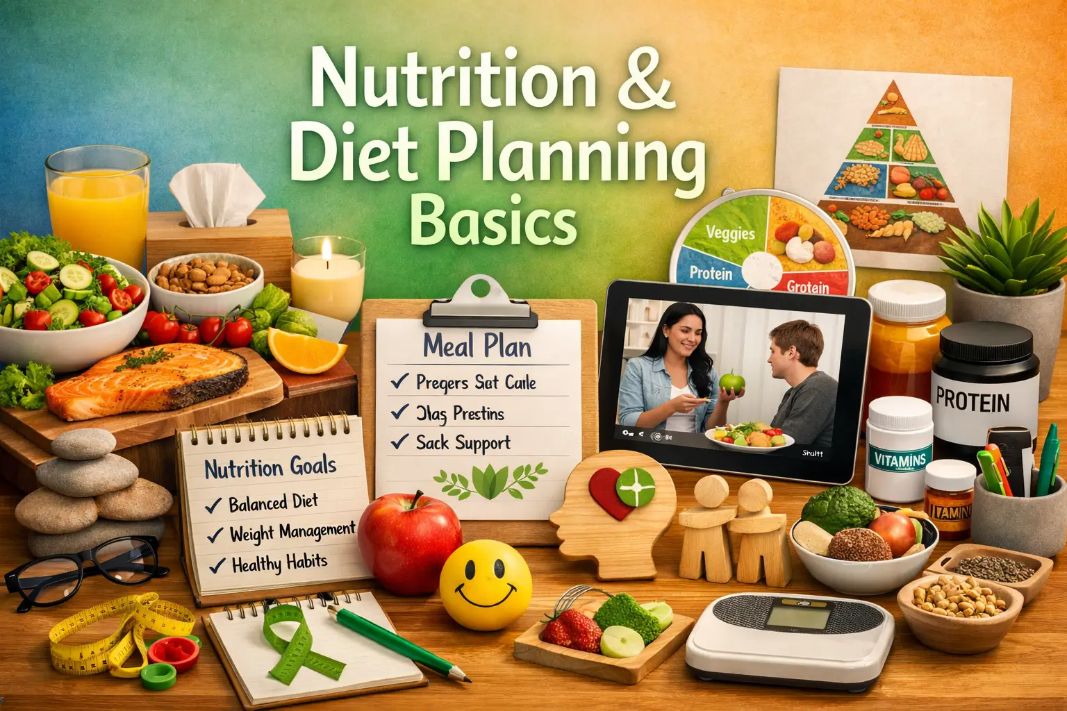Educational course image for Nutrition & Diet Planning Basics with healthy food visuals