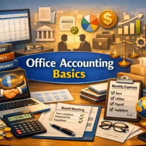 Office Accounting Basics course image showing ledger, calculator, and financial tools