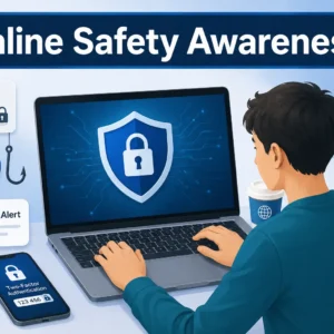 Modern educational course image for Online Safety Awareness with digital security visuals