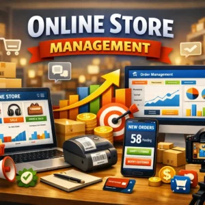 High-quality Online Store Management banner with e-commerce and inventory management visuals