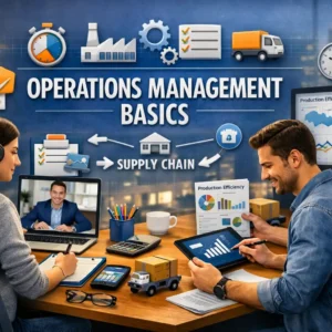 Operations Management Basics course banner showing students learning production and supply chain management