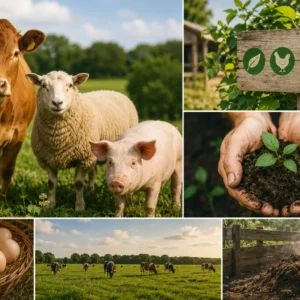 Organic Livestock Practices course banner showing farmers caring for cattle, goats, and poultry in green pastures