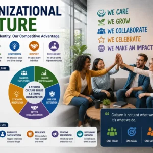 Educational banner showing Organizational Culture with teamwork, diversity, and workplace values visuals