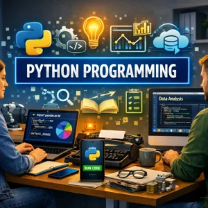 High-quality educational banner showing Python Programming course with coding and technology visuals