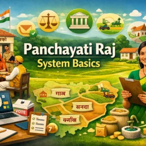 Educational banner for Panchayati Raj System Basics course showing village governance and Panchayat Bhawan