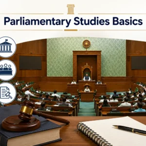 Modern educational banner for Parliamentary Studies Basics course with government visuals