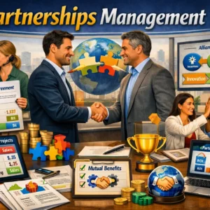 Educational banner showing Partnerships Management with professionals collaborating and signing partnership agreements