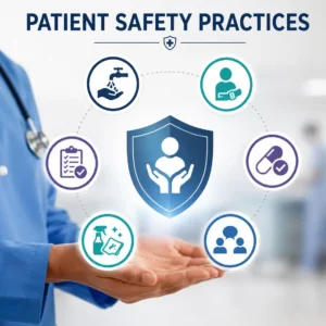 Patient Safety Practices course banner showing healthcare professionals ensuring patient safety and care quality.