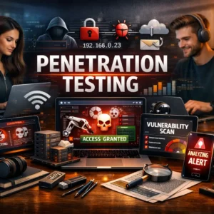 High-quality educational banner for Penetration Testing with cybersecurity and ethical hacking visuals