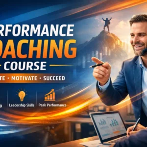 Performance Coaching course banner showing a coach guiding learners toward goal setting, leadership, and peak performance.