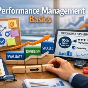 Educational course image for Performance Management Basics with workplace visuals