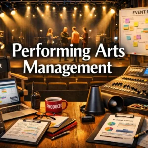 Performing Arts Management course image with stage, lighting, and creative tools