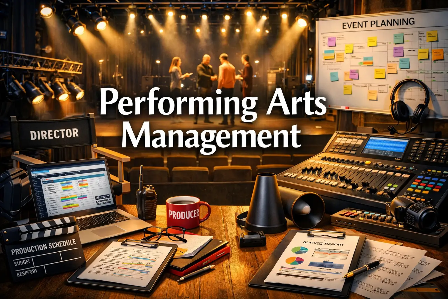 Performing Arts Management course image with stage, lighting, and creative tools