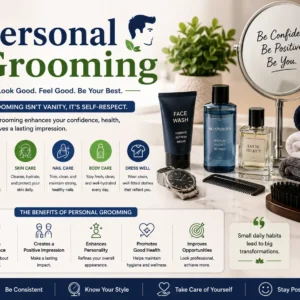 Educational banner for Personal Grooming course with self-care and style visuals