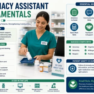 Professional Pharmacy Assistant Fundamentals course image with pharmacy and healthcare visuals