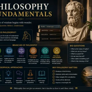Educational banner for Philosophy Fundamentals course showing philosophy symbols and scholarly visuals