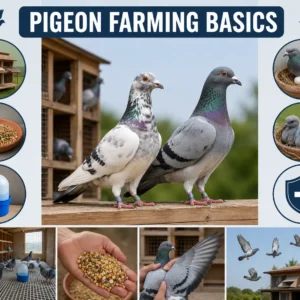 Pigeon Farming Basics course banner showing farmers caring for pigeons in lofts and managing feed systems