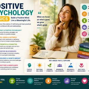 Positive Psychology Basics course image with happiness, growth, and wellness visuals