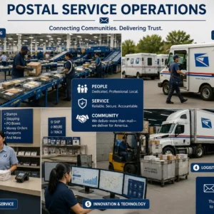 Professional Postal Service Operations course image with mail delivery and logistics visuals