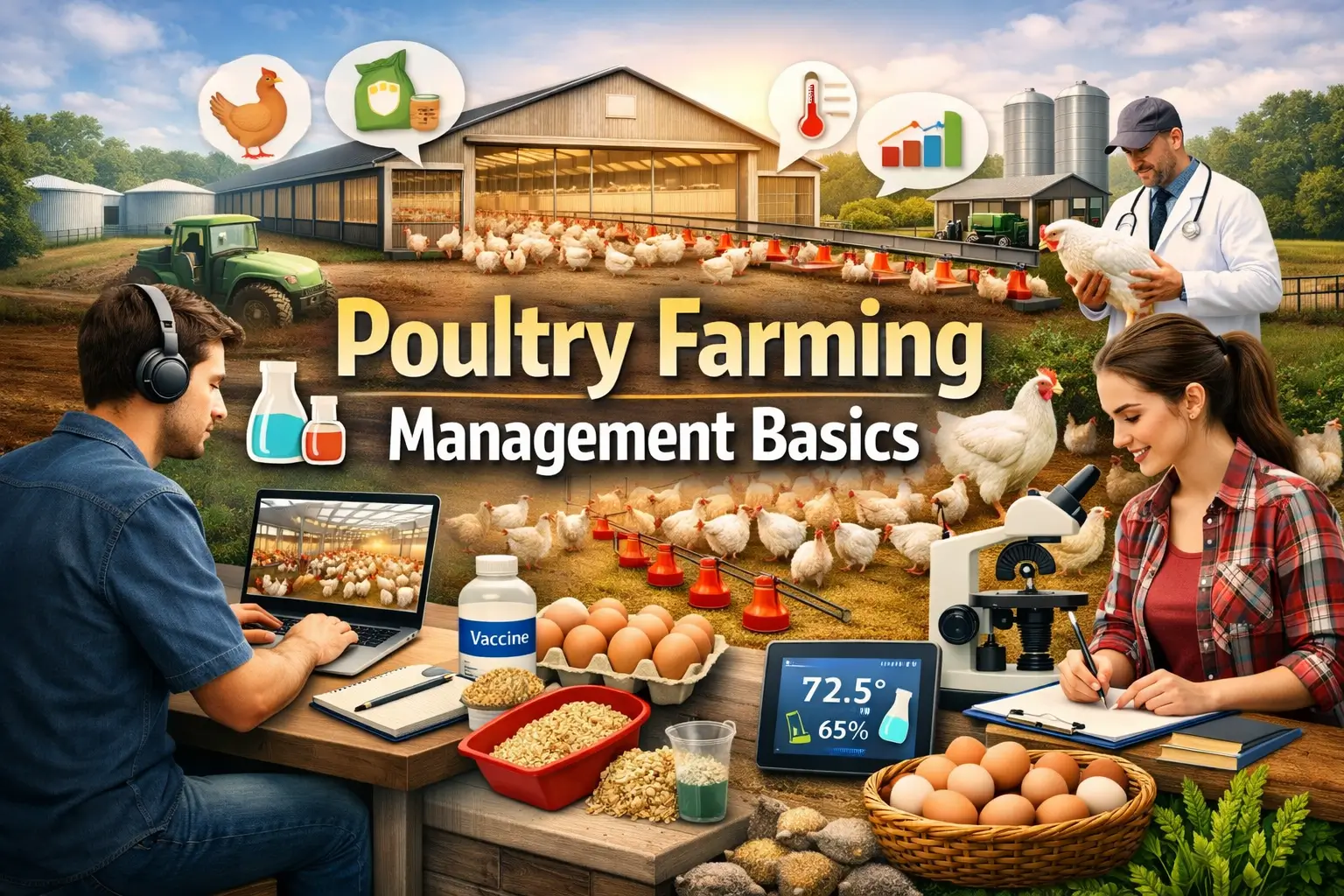 Poultry Farming Management Basics course showing modern poultry farm and management tools