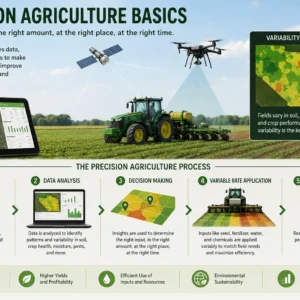 Educational banner for Precision Agriculture Basics course showing smart farming tools