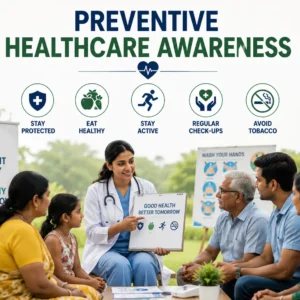 Educational banner showing preventive healthcare awareness with doctors, patients, and visuals of healthy lifestyle practices