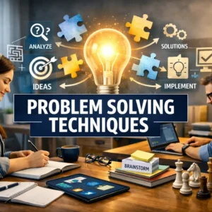 Modern educational banner for Problem Solving Techniques course showing students and analytical visuals