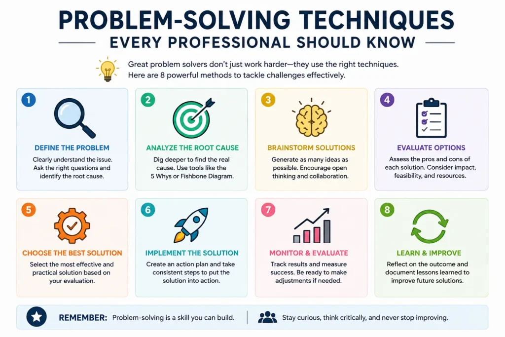 Professional team using problem-solving techniques to analyze workplace challenges and develop effective solutions