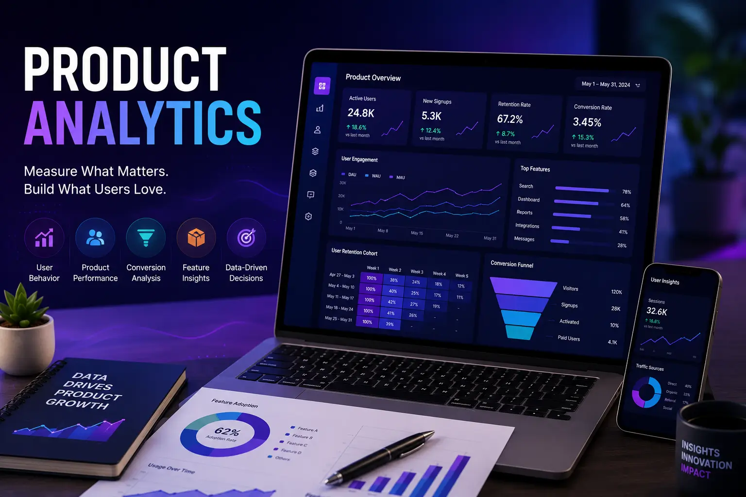 Professional Product Analytics course image with data charts and product performance visuals