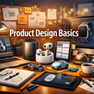 Professional Product Design Basics course image with creative workspace and design tools