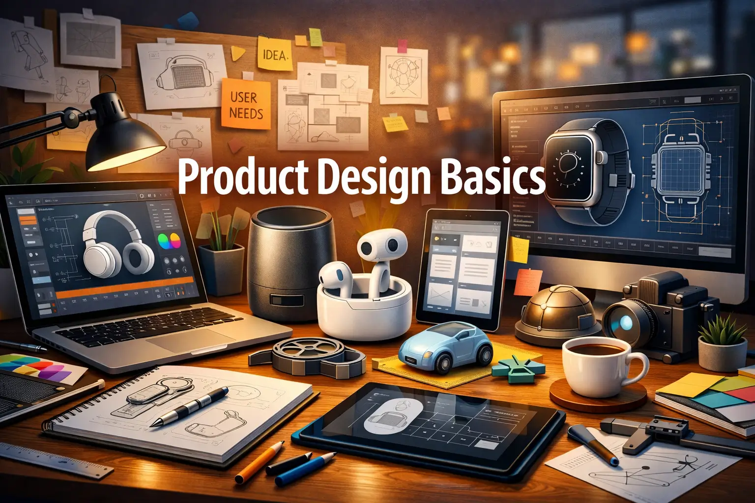 Professional Product Design Basics course image with creative workspace and design tools