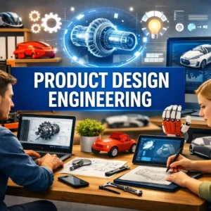 Modern educational banner for Product Design Engineering with students and 3D design tools