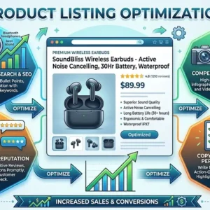 High-quality Product Listing Optimization banner with e-commerce and SEO visuals