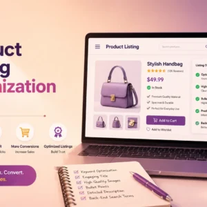Educational banner for Product Listing Optimization Basics course with e-commerce and SEO visuals