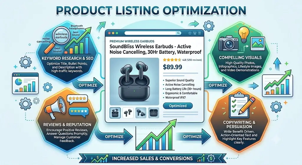 High-quality Product Listing Optimization banner with e-commerce and SEO visuals