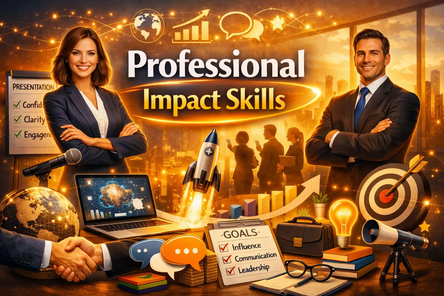 Educational course image for Professional Impact Skills with confident professionals and communication visuals