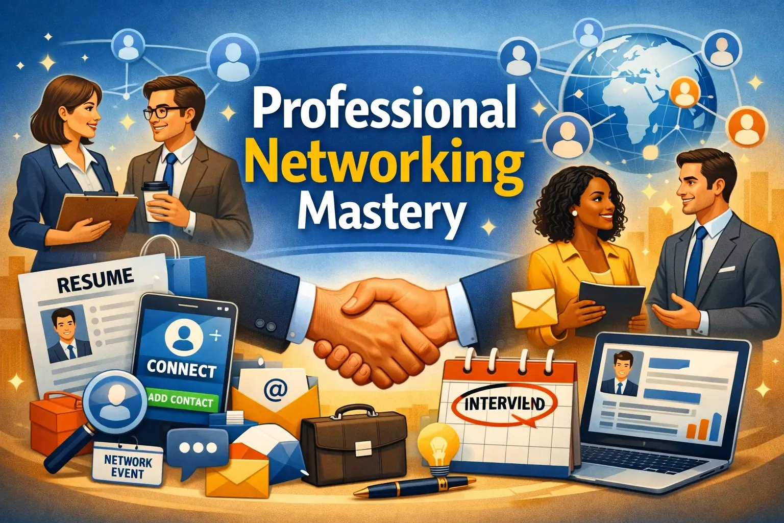 Professional Networking Mastery course image with handshake, business connections, and communication visuals
