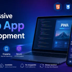 Educational banner for Progressive Web App Development course showing web and mobile app visuals