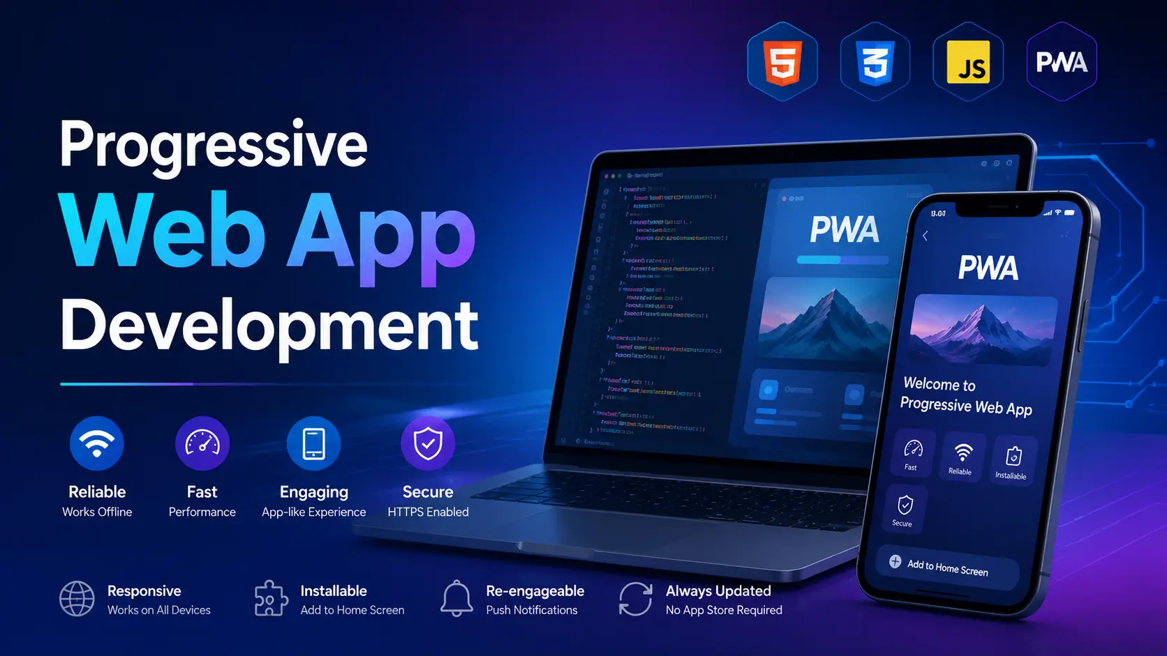 Educational banner for Progressive Web App Development course showing web and mobile app visuals