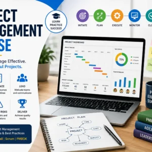 Educational banner for Project Management course with planning and workflow visuals