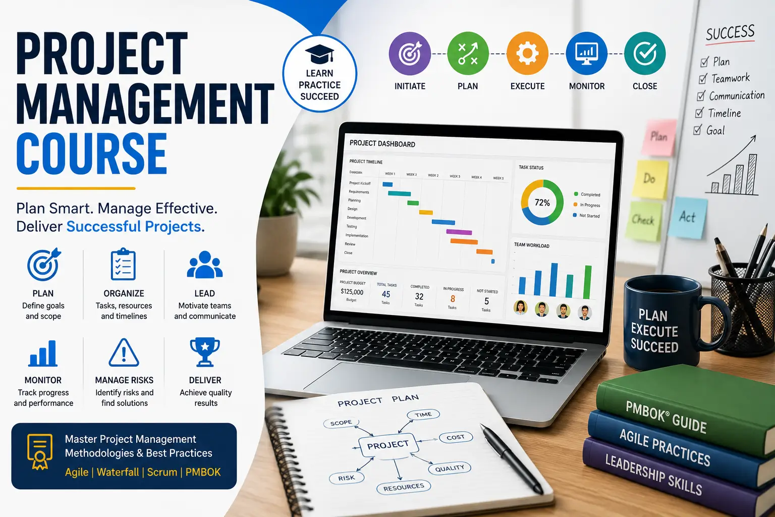 Educational banner for Project Management course with planning and workflow visuals
