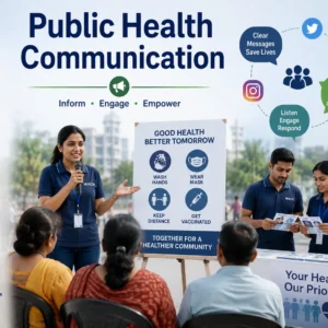 Educational banner showing public health communication with doctors, media channels, and community awareness visuals