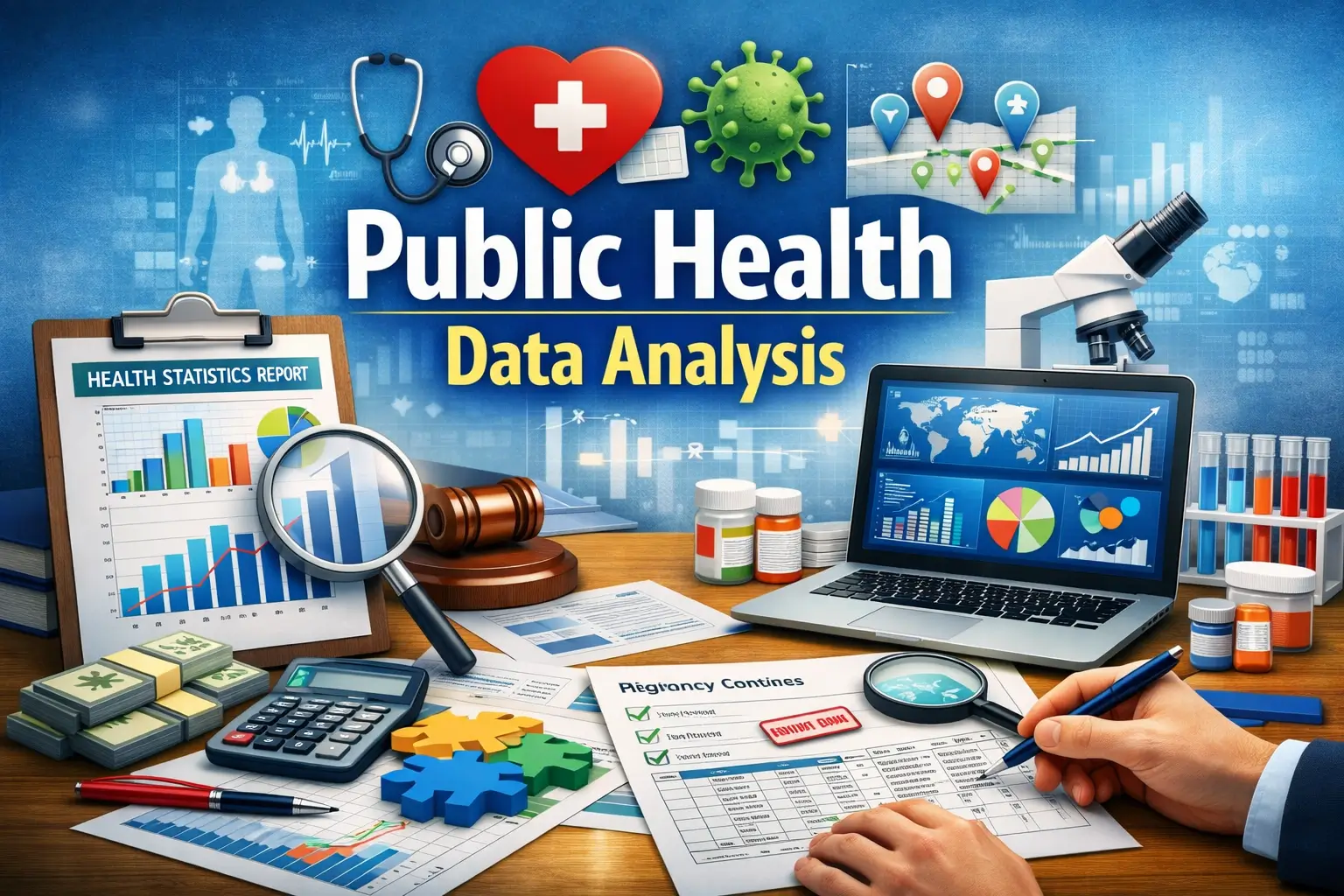 Professional Public Health Data Analysis course image with charts and healthcare visuals