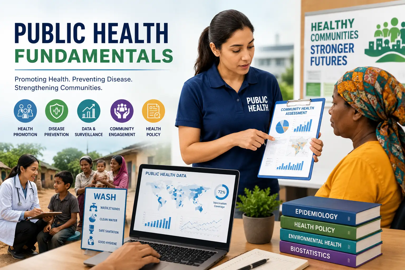 Public Health Fundamentals course showing healthcare teams promoting preventive care