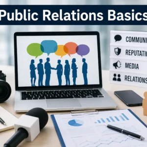 Modern educational course image for Public Relations Basics with communication visuals