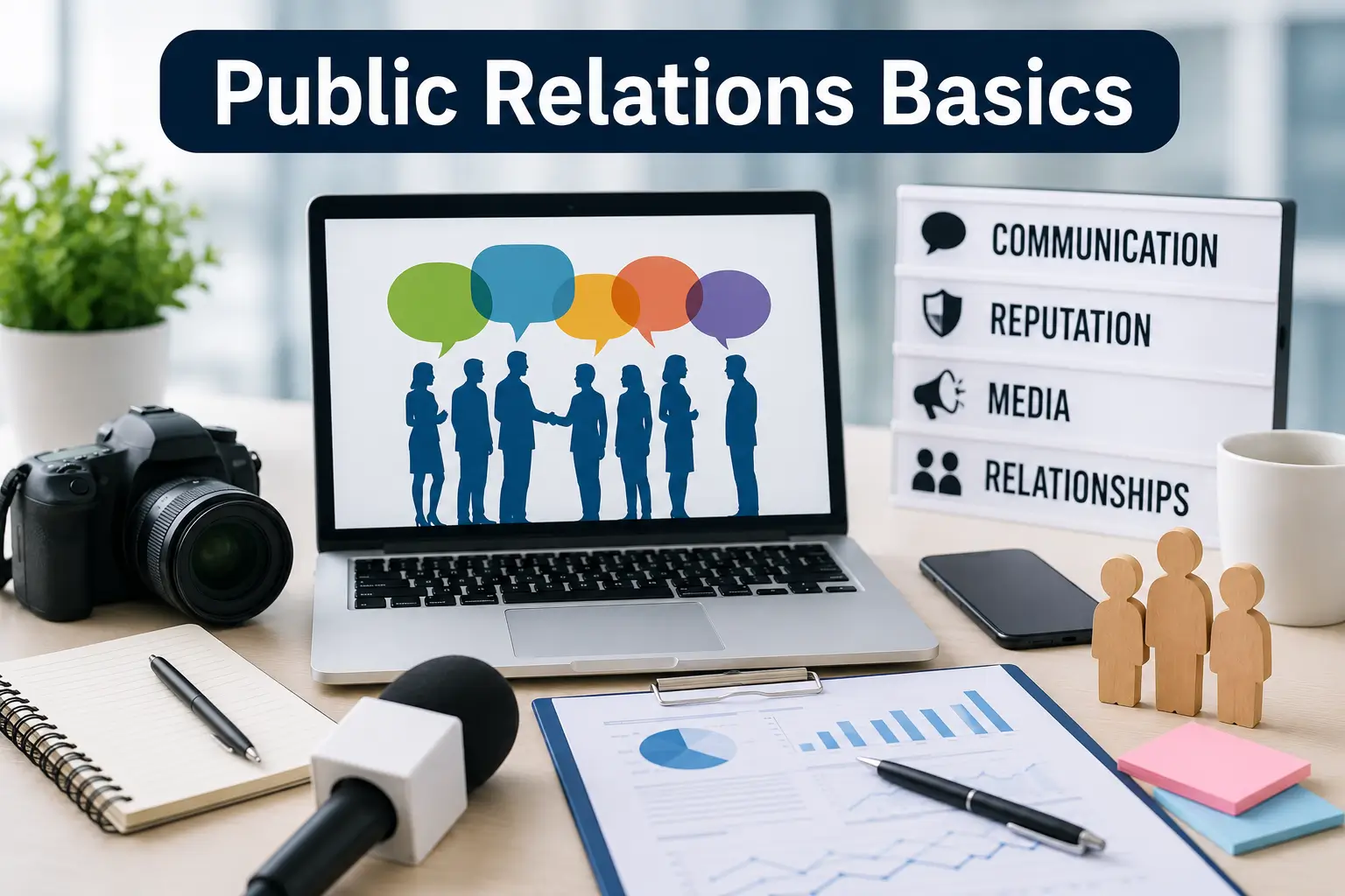Modern educational course image for Public Relations Basics with communication visuals