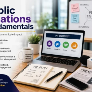 Public Relations Fundamentals course image with media, communication, and branding visuals