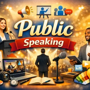 Educational banner for Public Speaking course with podium and audience visuals